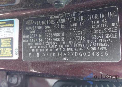 2011 Kia Sorento Ex V6 z USA, uszkodzony, nr VIN 5XYKU4A2XBG004896